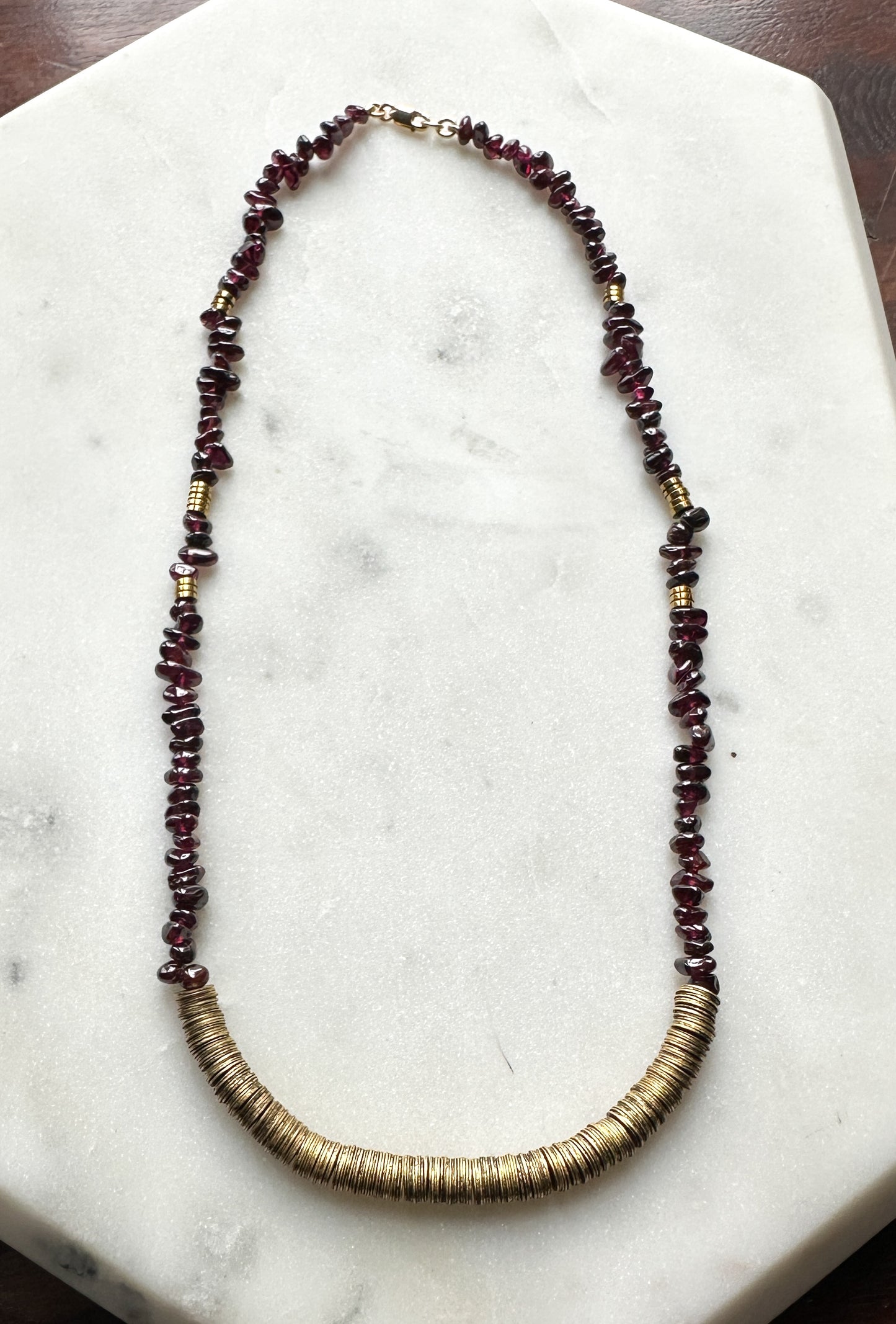 Maeve Garnet, Pyrite and Brass Bead Necklace