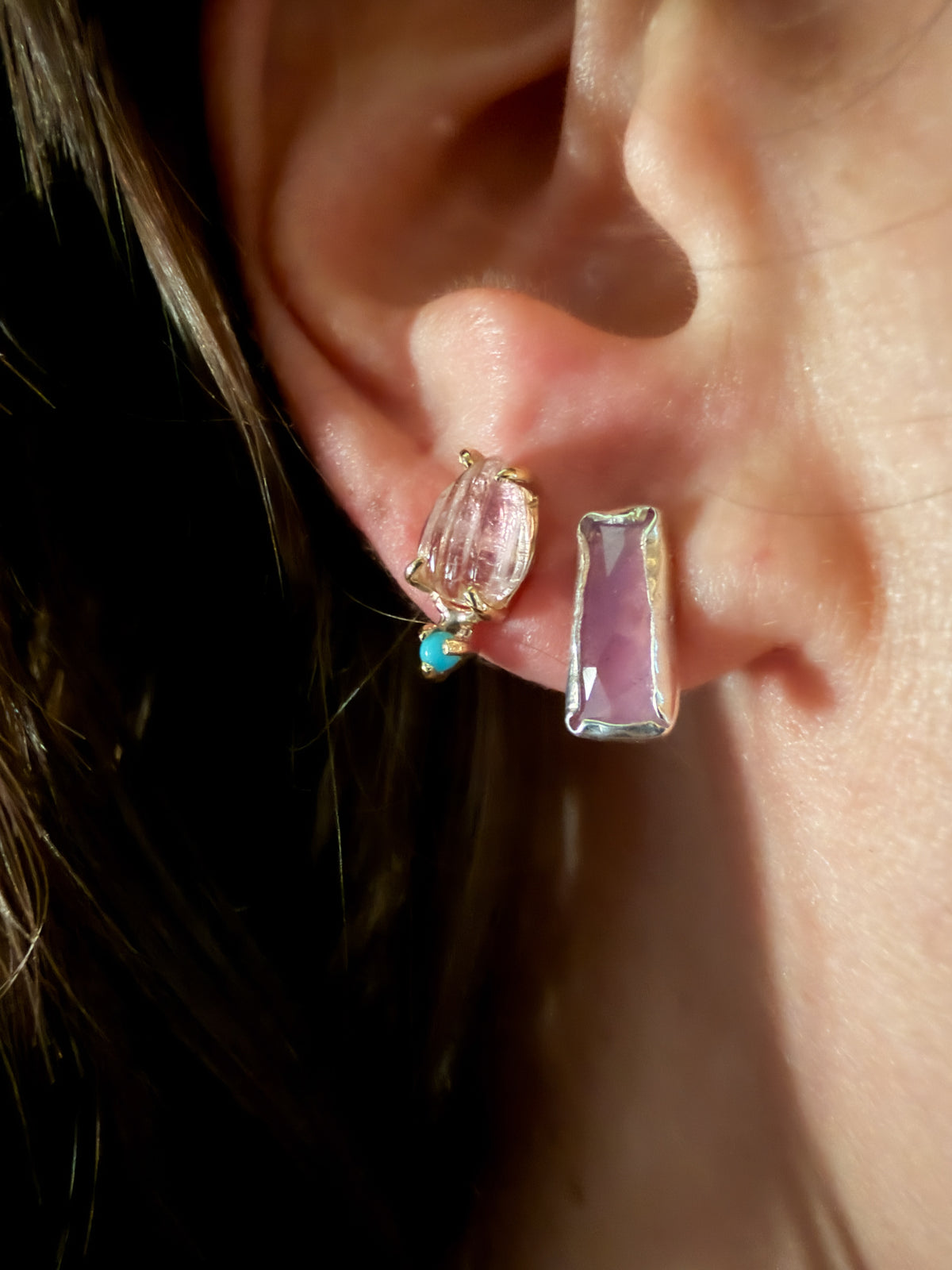 Laetus Carved Pink Tourmaline and Turquoise Studs