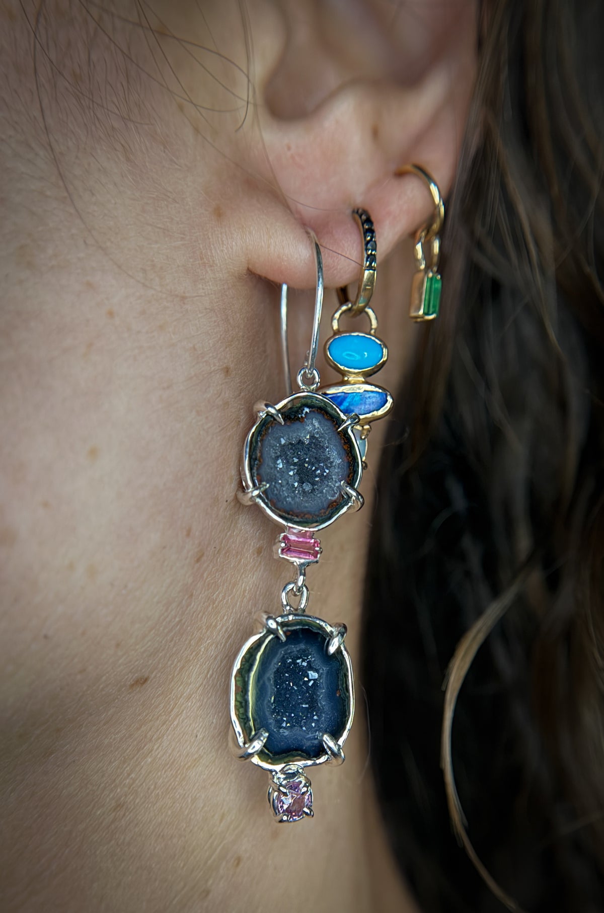 Gemma Geode and Pink Spinel and Quartz Earrings