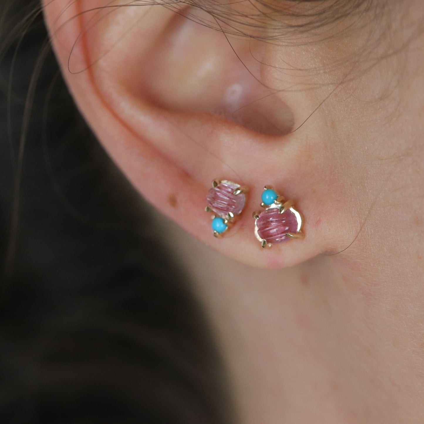Laetus Carved Pink Tourmaline and Turquoise Studs
