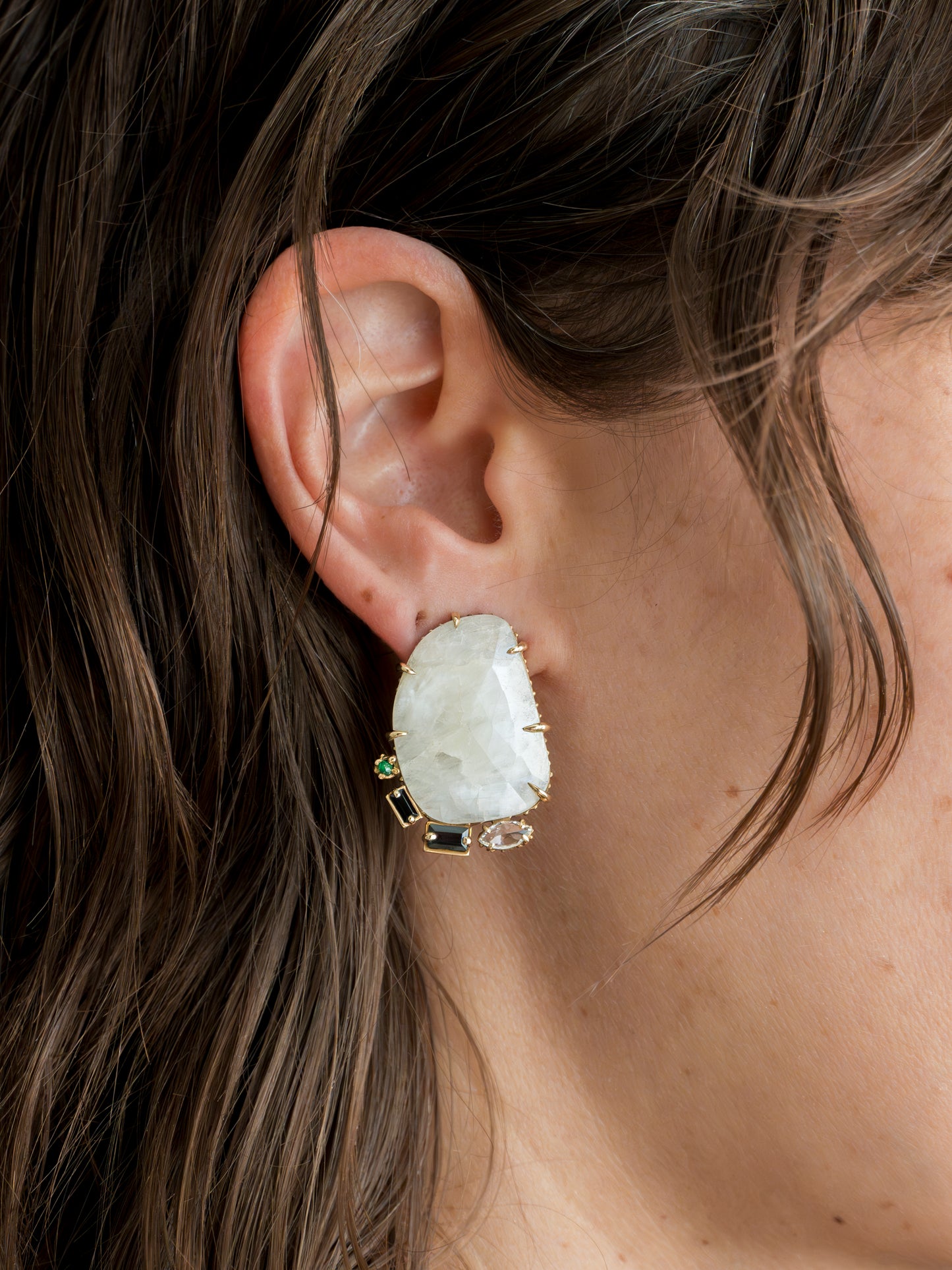 Edith White Sapphire, Black Spinel, Emerald and Colourless Topaz Stud Earrings