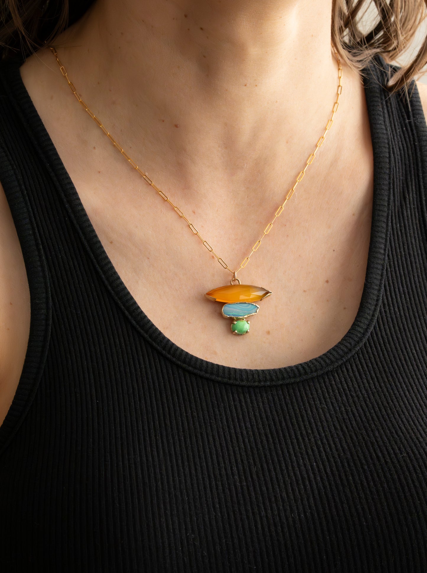 Gemma Orange Agate, Australian Boulder Opal and Green Turquoise Pendant