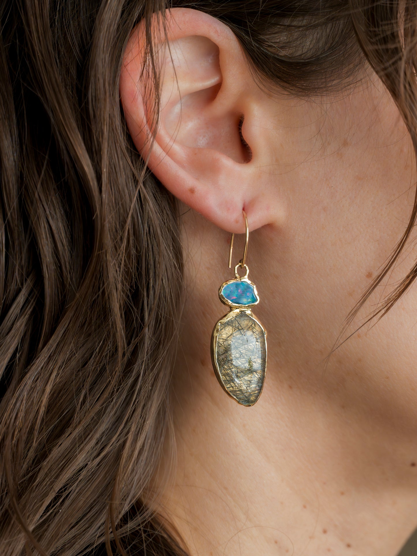 Empire Tourmalated Quartz and Australian Opal Drop Earrings