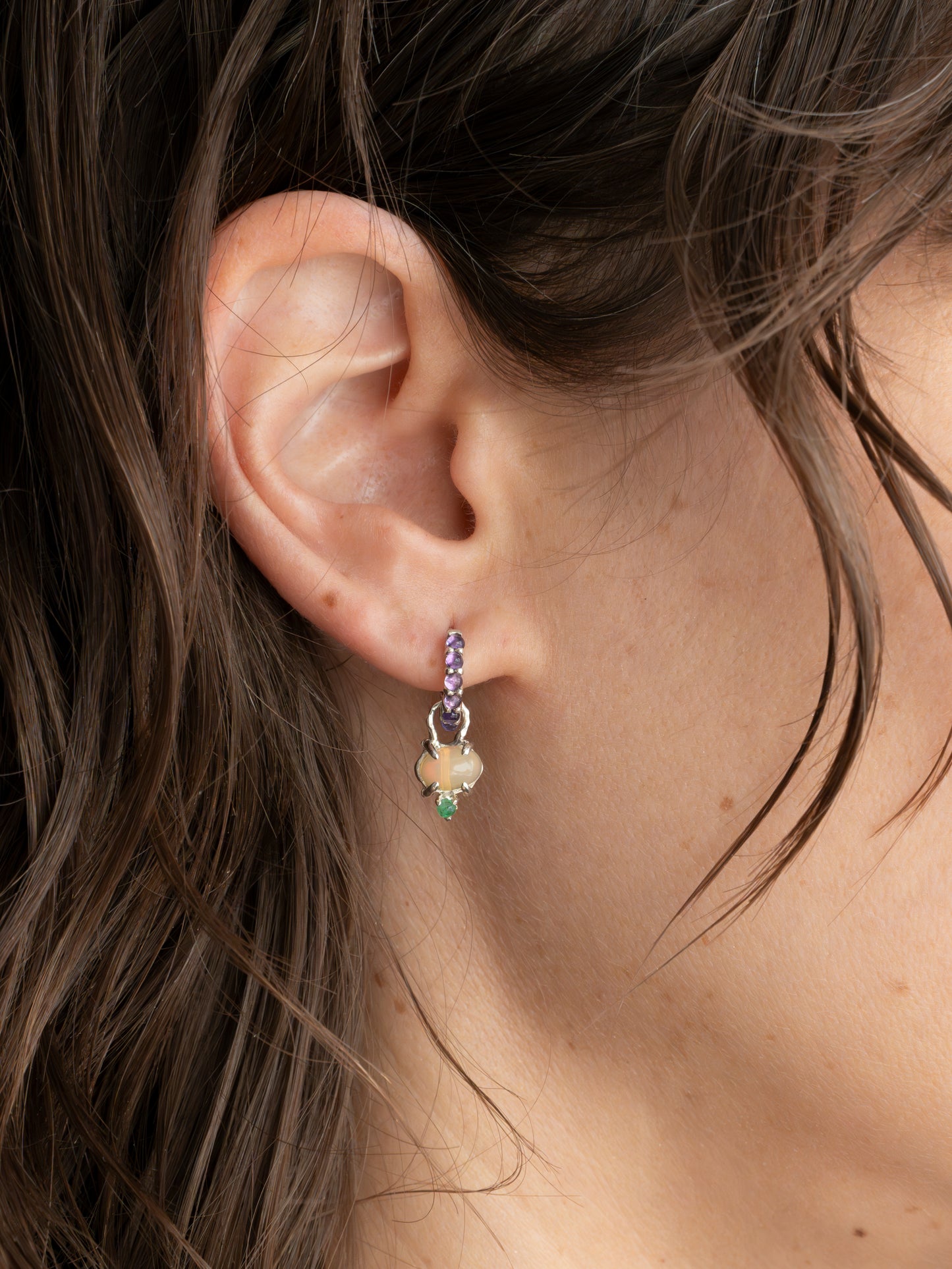 Carmina Deluxe Amethyst and Opal and Emerald Hoop Earrings