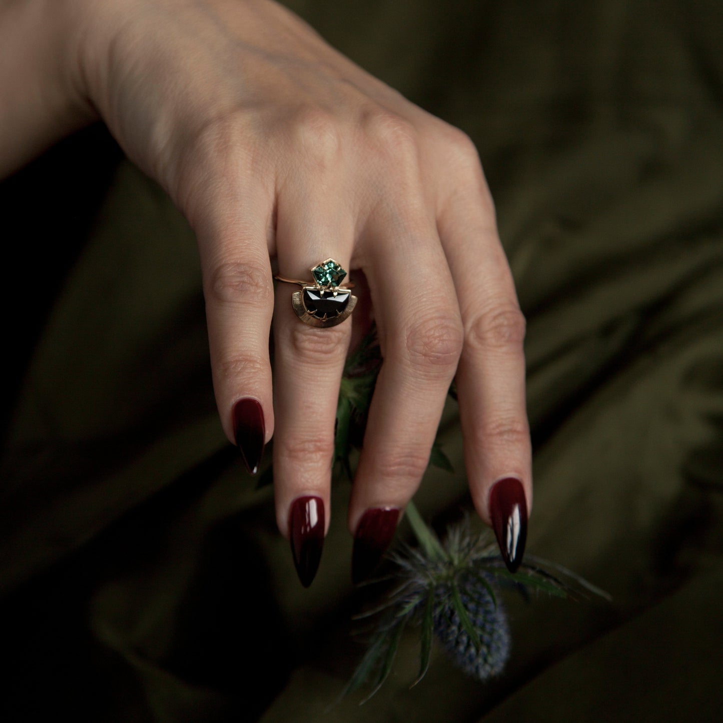 *SALE 15% off* Yzma Black Spinel and Mint Tourmaline Crowned Ring