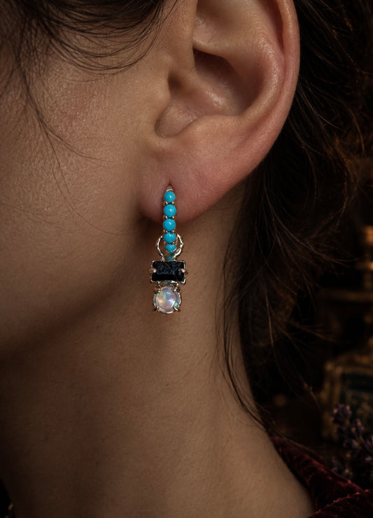 Carmina Deluxe Turquoise, Black Spinel and Opal Hoop Earrings
