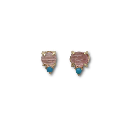 Laetus Carved Pink Tourmaline and Turquoise Studs