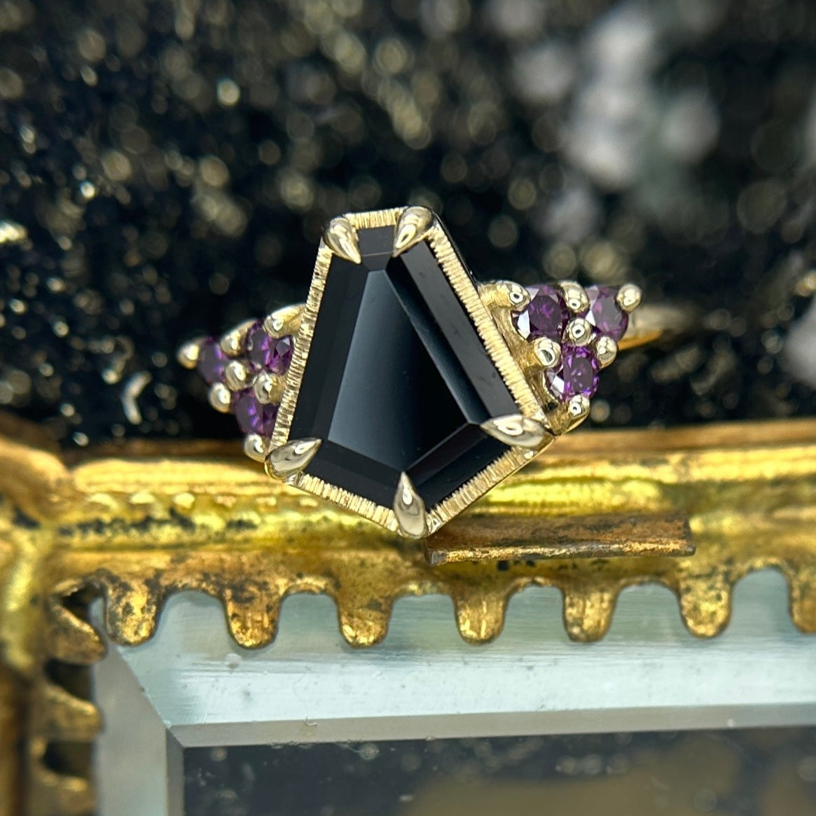 Chasca Black Spinel and Purple Diamond Ring