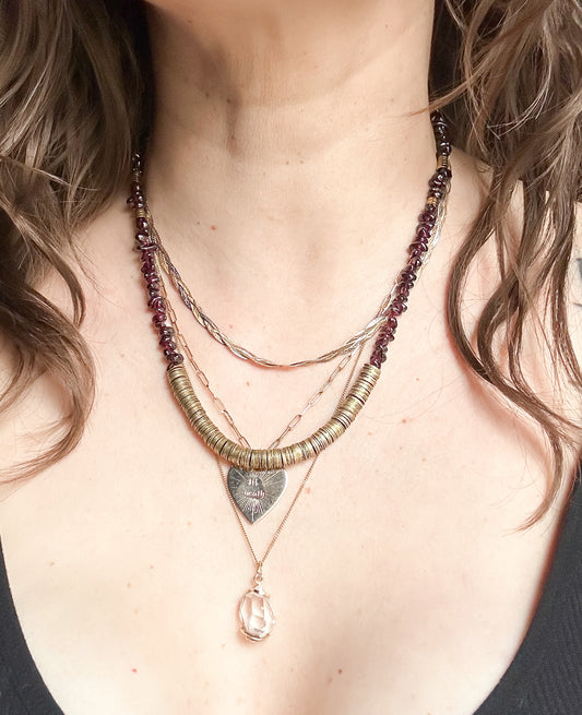 Maeve Garnet, Pyrite and Brass Bead Necklace