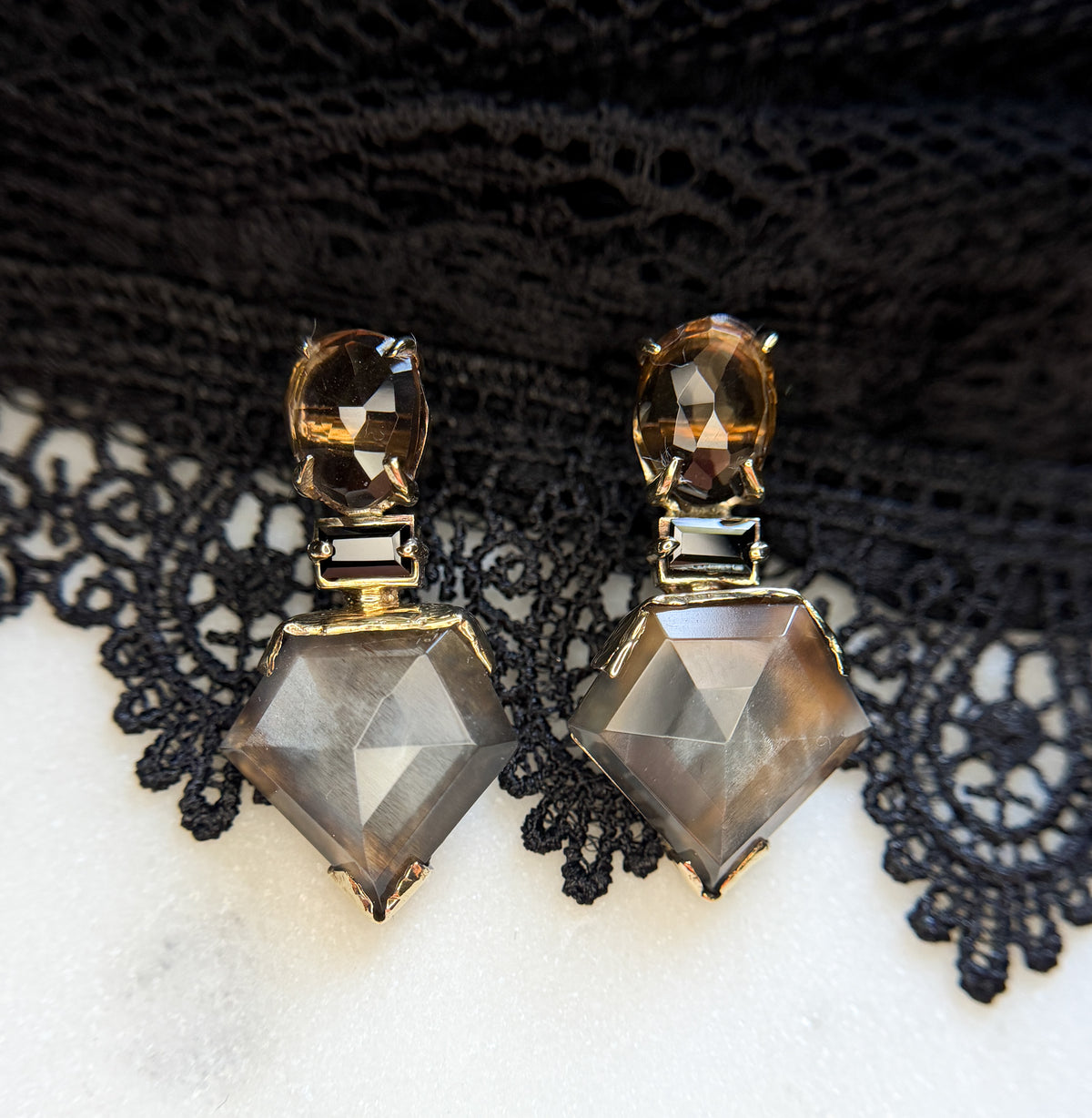 Empire Smokey Quartz, Black Spinel and Dark Moonstone Drop Earrings