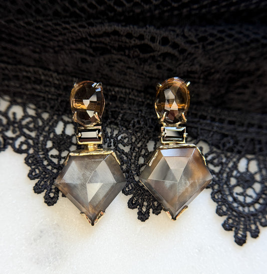 Empire Smokey Quartz, Black Spinel and Dark Moonstone Drop Earrings