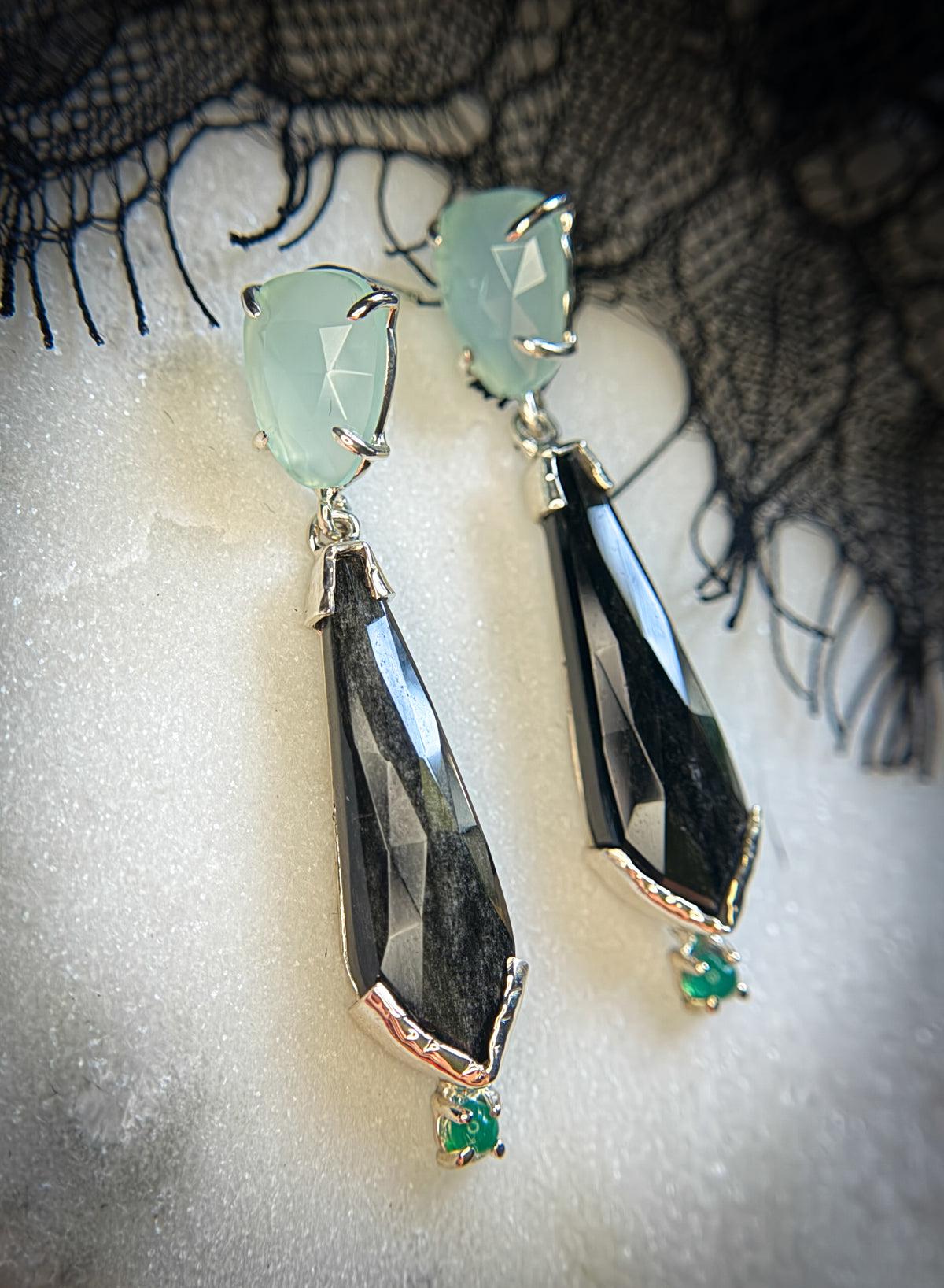 Regiis Silver Sheen Obsidian and Paraiba Chalcedony Drop Earrings