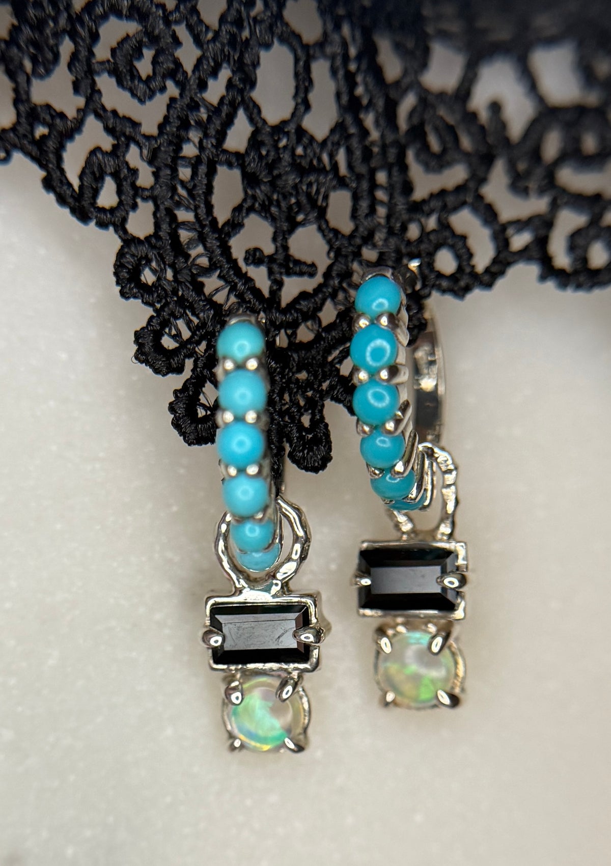 Carmina Deluxe Turquoise, Black Spinel and Opal Hoop Earrings