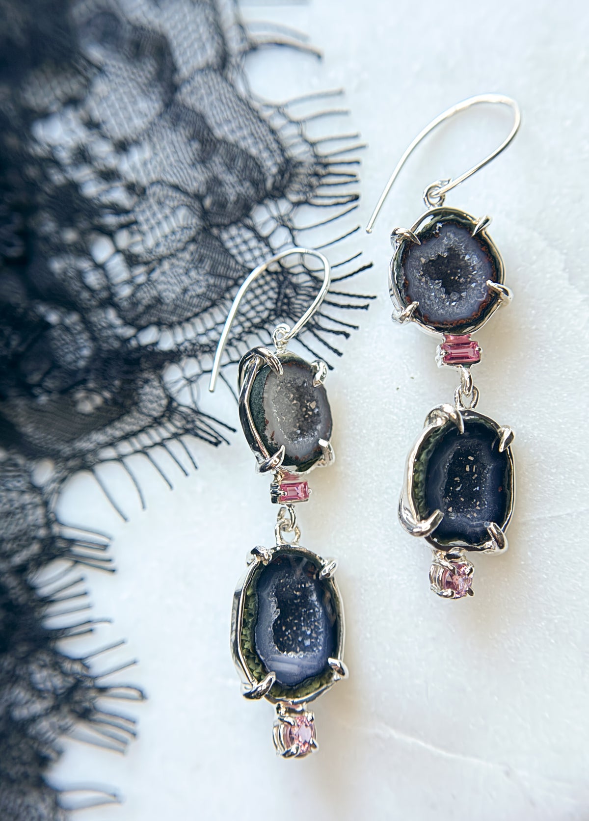 Gemma Geode and Pink Spinel and Quartz Earrings