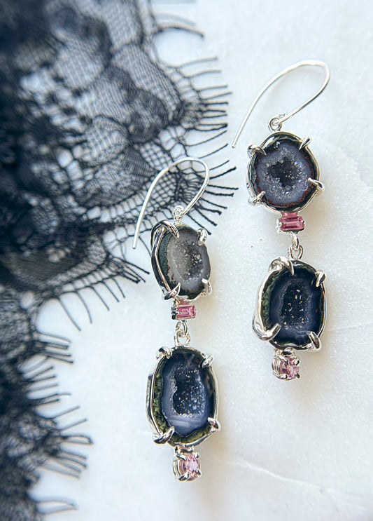 Gemma Geode and Pink Spinel and Quartz Earrings