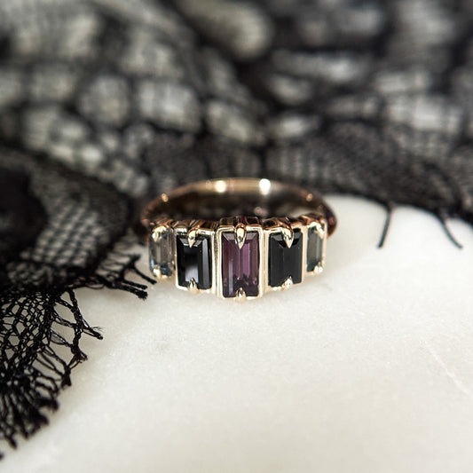 *SALE 15% off* Nox Purple, Black and Silver Spinel Deco Step Ring