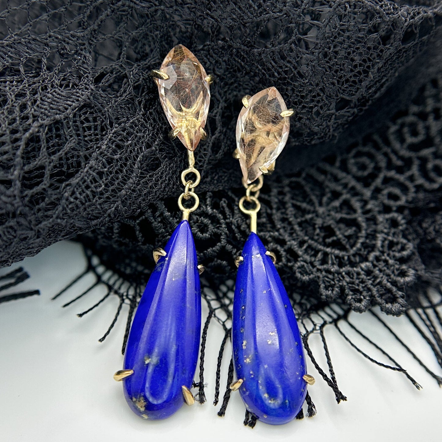 Regiis Lapis and Rutilated Quartz Drop Earrings