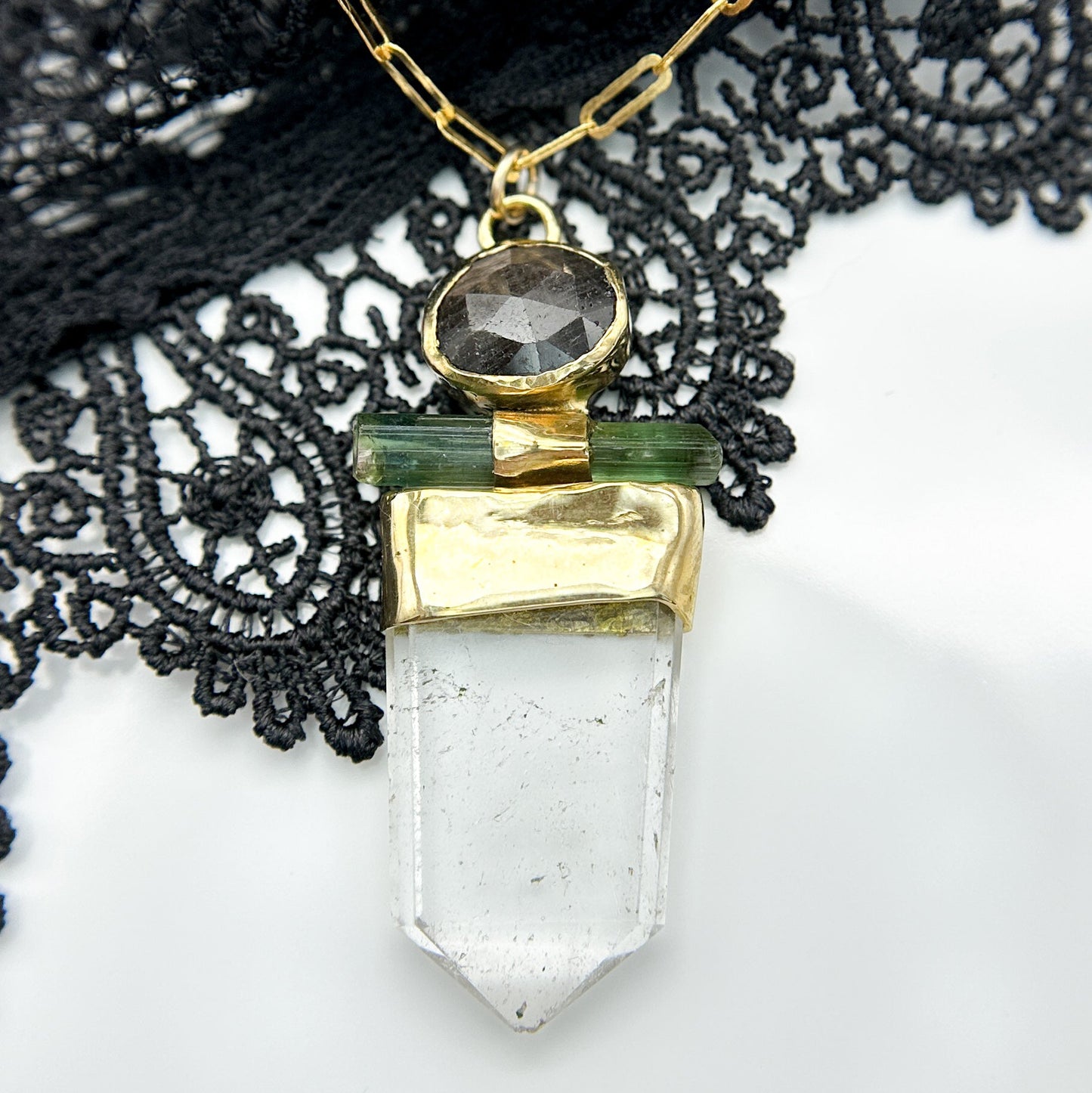 Gemma Quartz, Silver Sapphire and Green Tourmaline Necklace