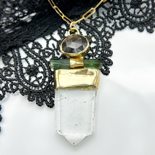 Gemma Quartz, Silver Sapphire and Green Tourmaline Necklace