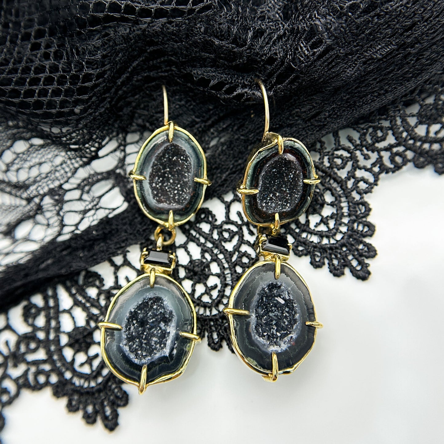Gemma Black Geode and Spinel Drop Earrings