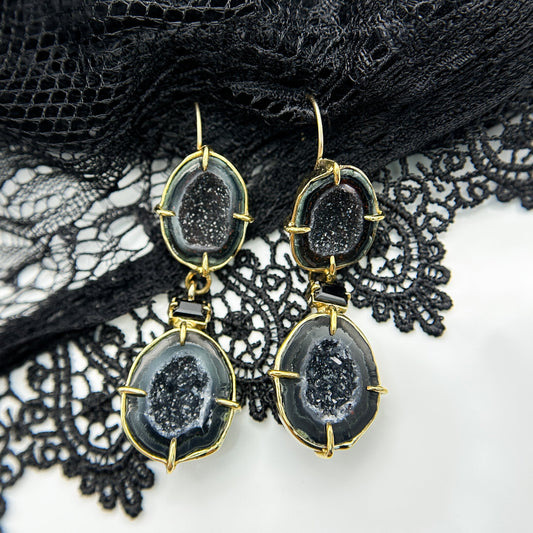 Gemma Black Geode and Spinel Drop Earrings