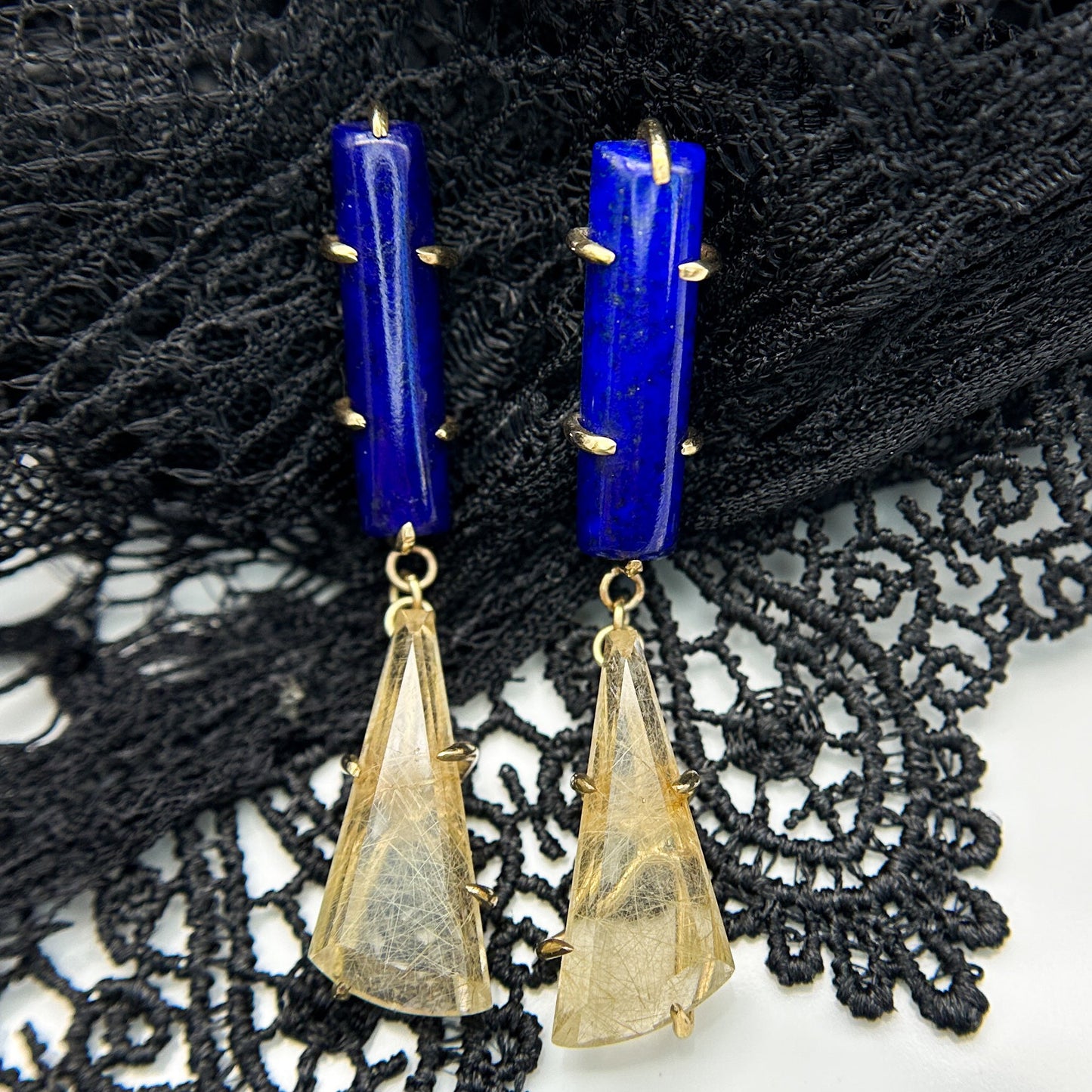 Regiis Lapis Lazuli and Rutilated Quartz Drop Earrings