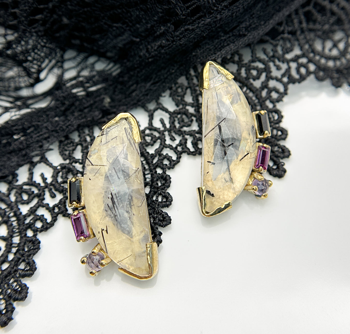 Edith Tourmalated Quartz, Garnet, Spinel and Amethyst Stud Earrings