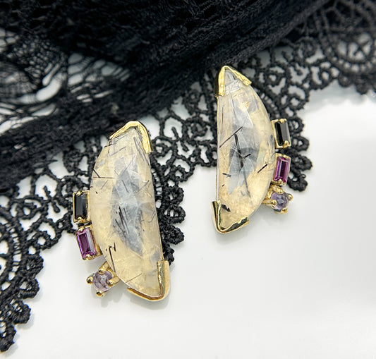 Edith Tourmalated Quartz, Garnet, Spinel and Amethyst Stud Earrings