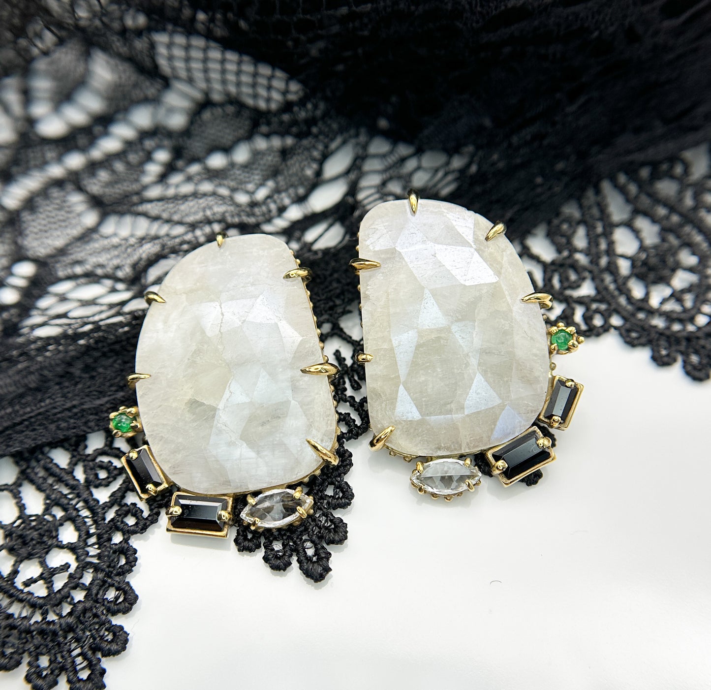 Edith White Sapphire, Black Spinel, Emerald and Colourless Topaz Stud Earrings