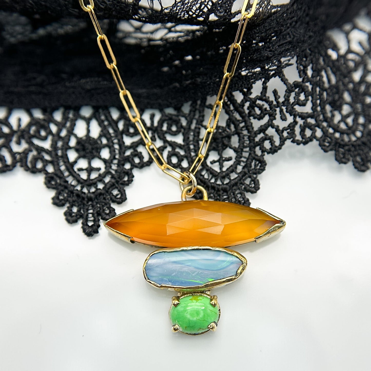 Gemma Orange Agate, Australian Boulder Opal and Green Turquoise Pendant