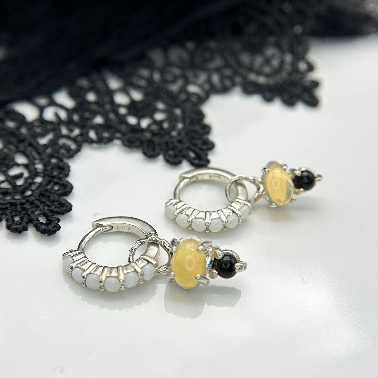 Carmina Deluxe Opal and Onyx Hoop Earrings