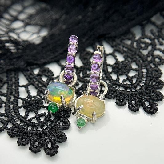Carmina Deluxe Amethyst and Opal and Emerald Hoop Earrings