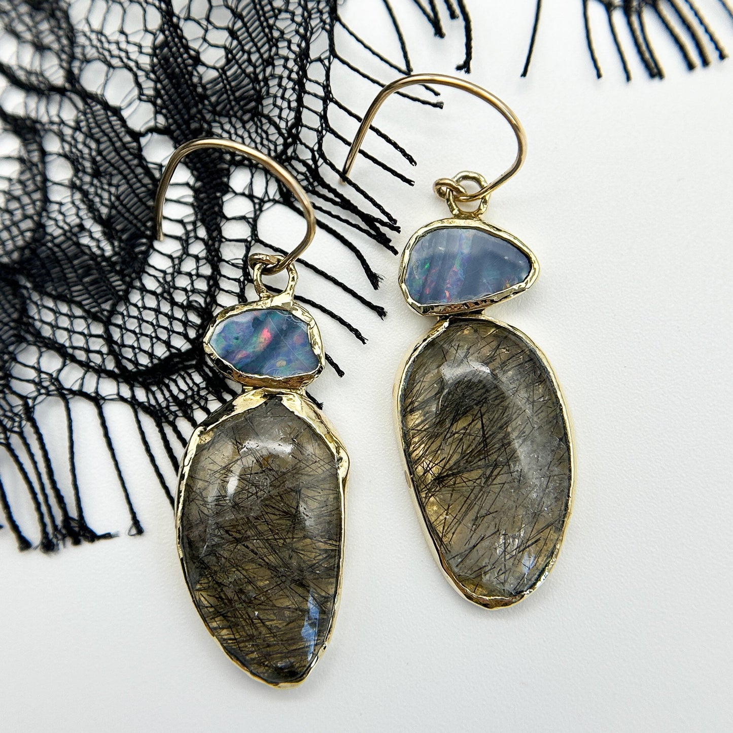 Empire Tourmalated Quartz and Australian Opal Drop Earrings