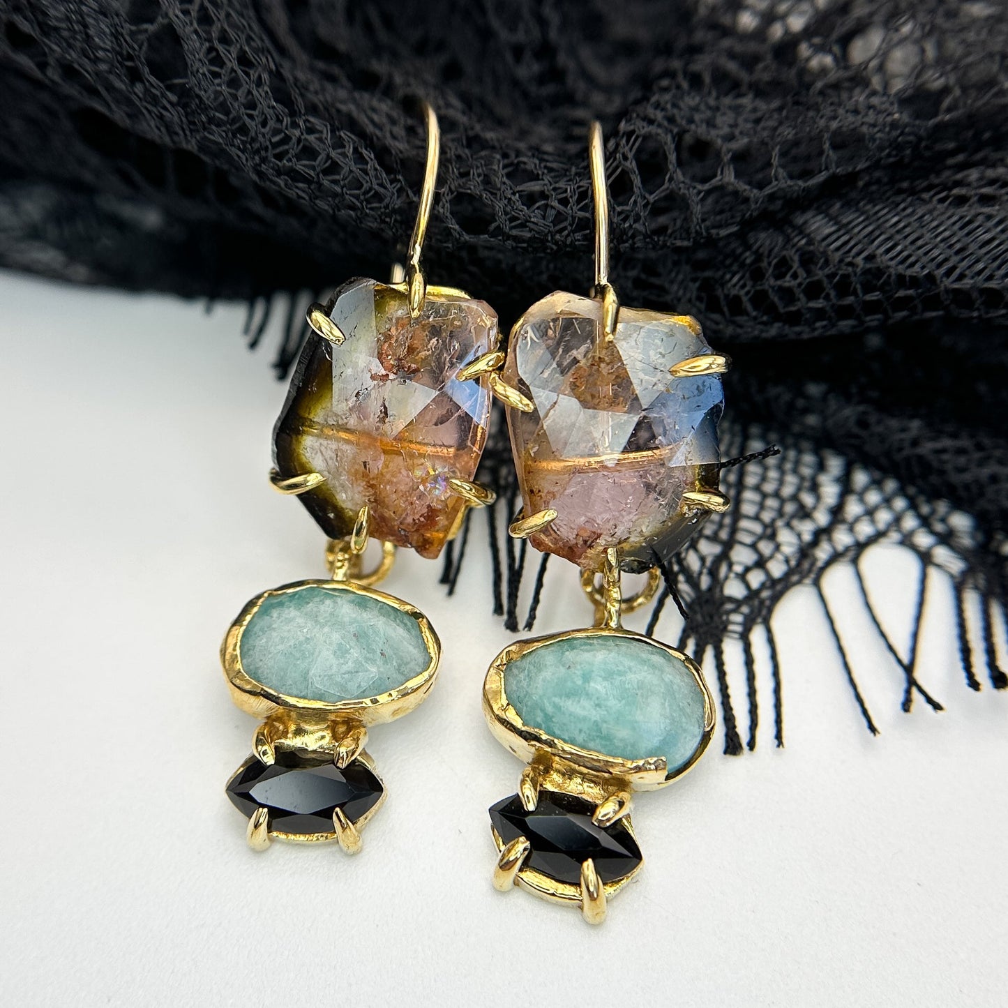 Gemma Watermelon Tourmaline, Amazonite and Onyx Drop Earrings