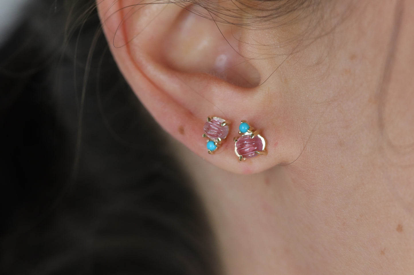 Laetus Carved Pink Tourmaline and Turquoise Studs