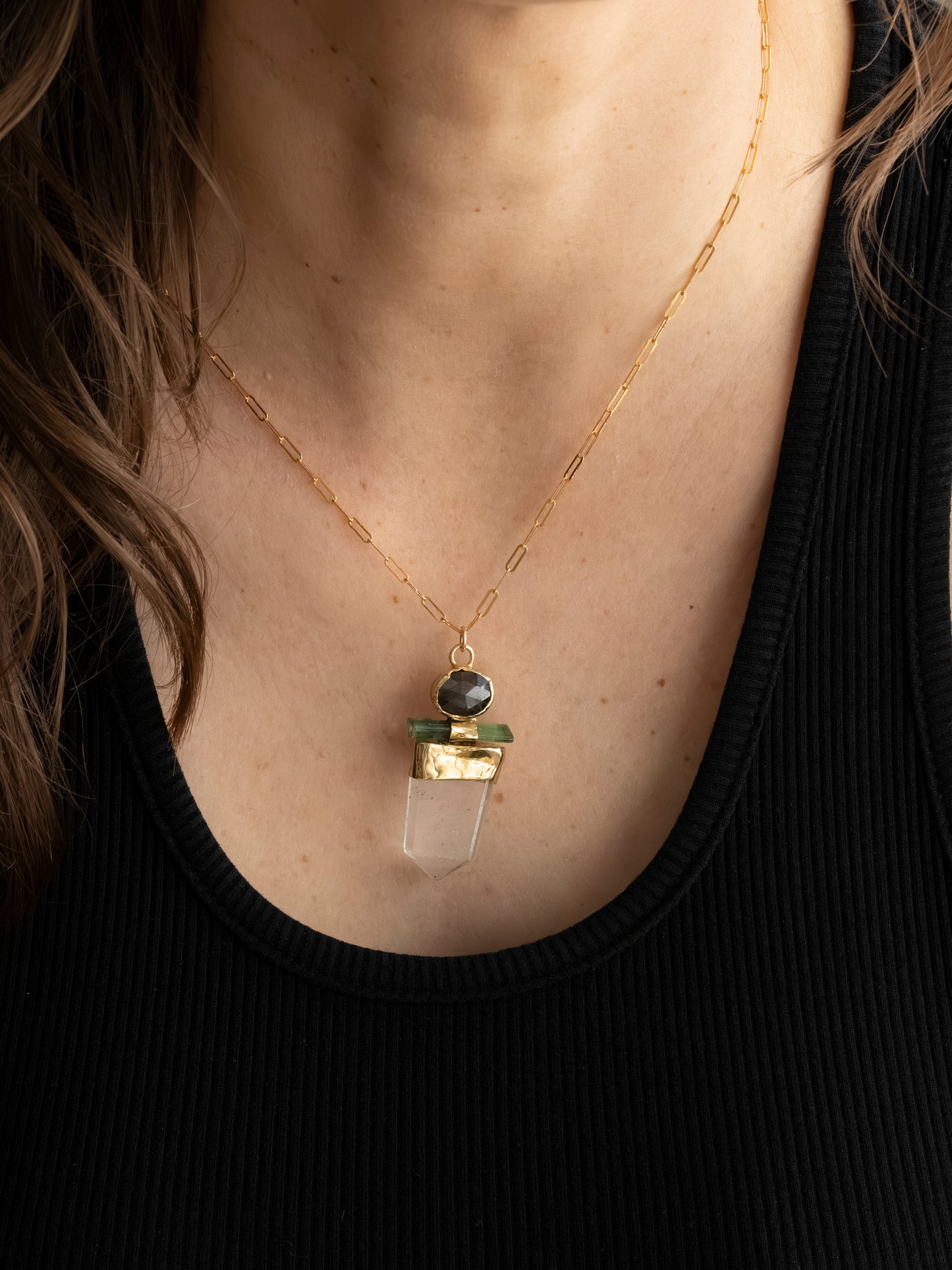 Gemma Quartz, Silver Sapphire and Green Tourmaline Necklace