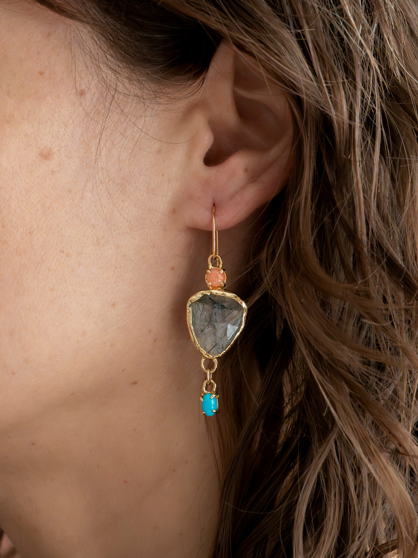 Regiis Tourmalated Quartz, Coral and Turquoise Drop Earrings