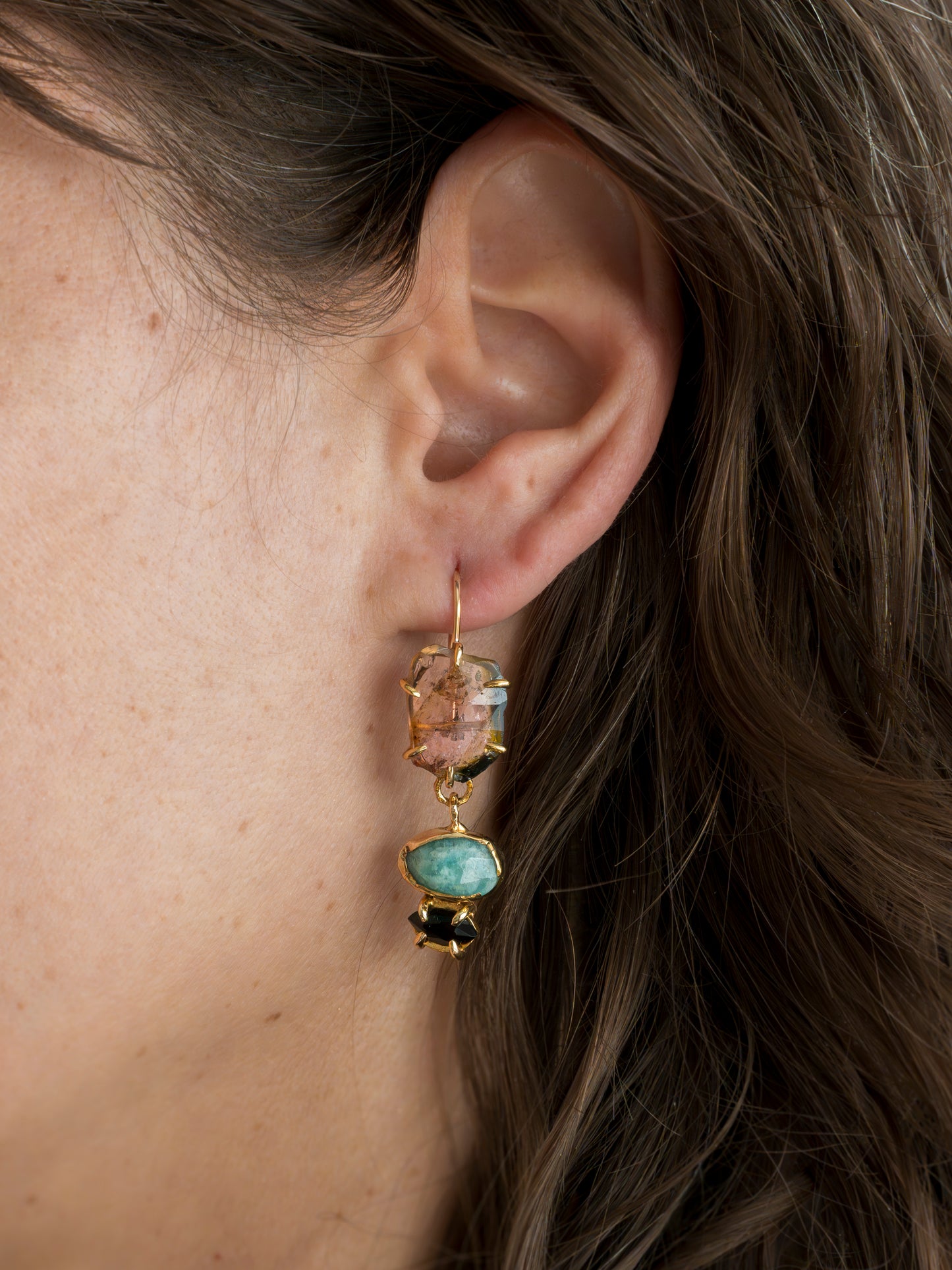 Gemma Watermelon Tourmaline, Amazonite and Onyx Drop Earrings