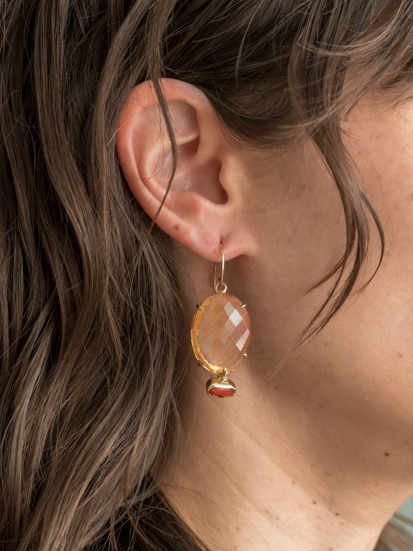 Empire Rutalated Quartz and Coral Drop Earrings