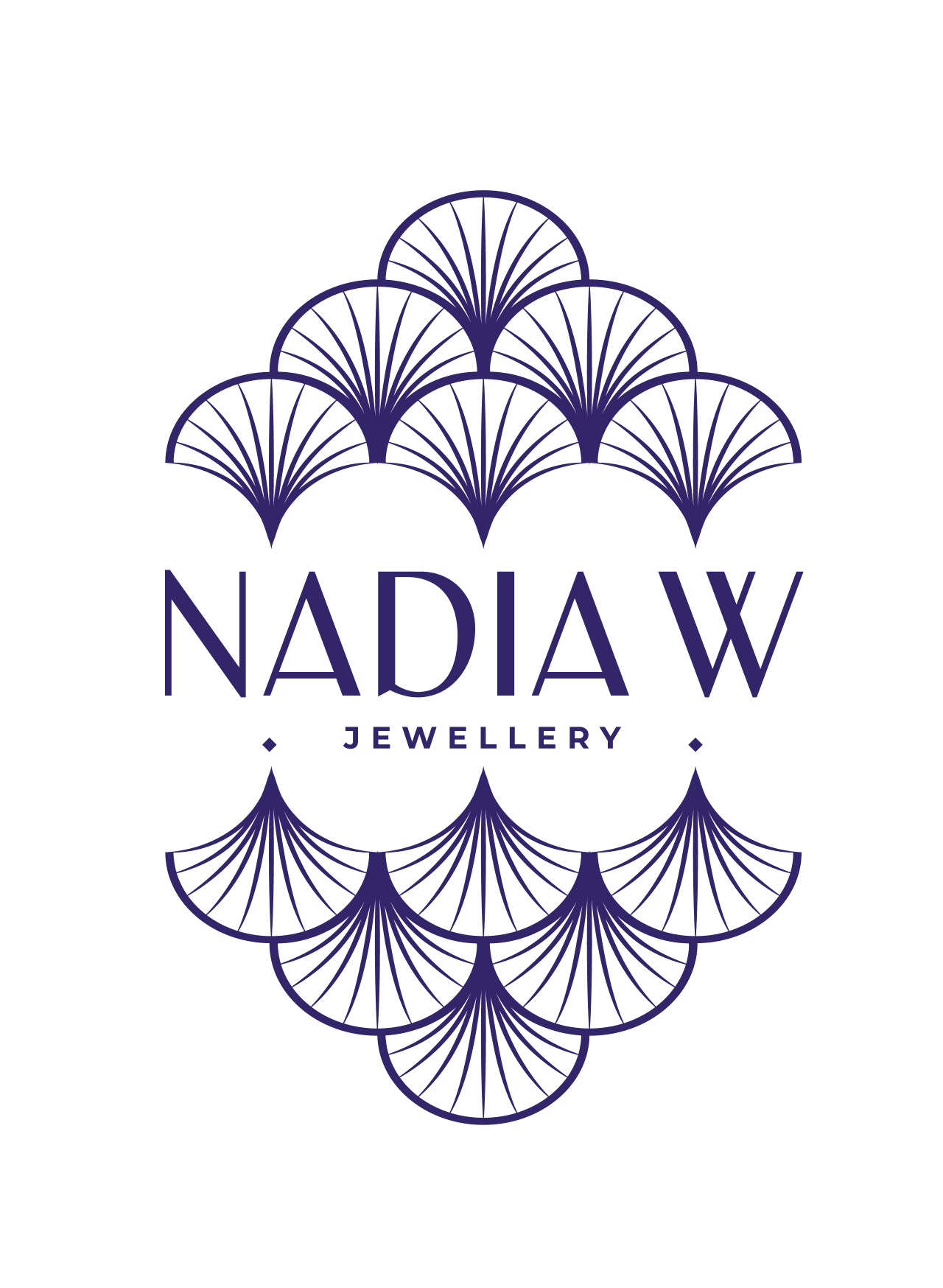 Nadia W Jewellery Logo with fan shapes in dark purple colour